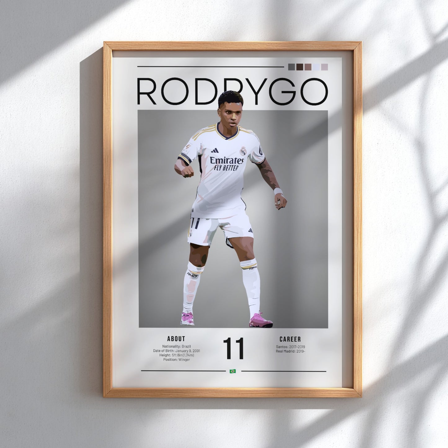 Rodrygo poster in Real Madrid football shirt, dynamic action pose, vibrant colors, sports wall decor