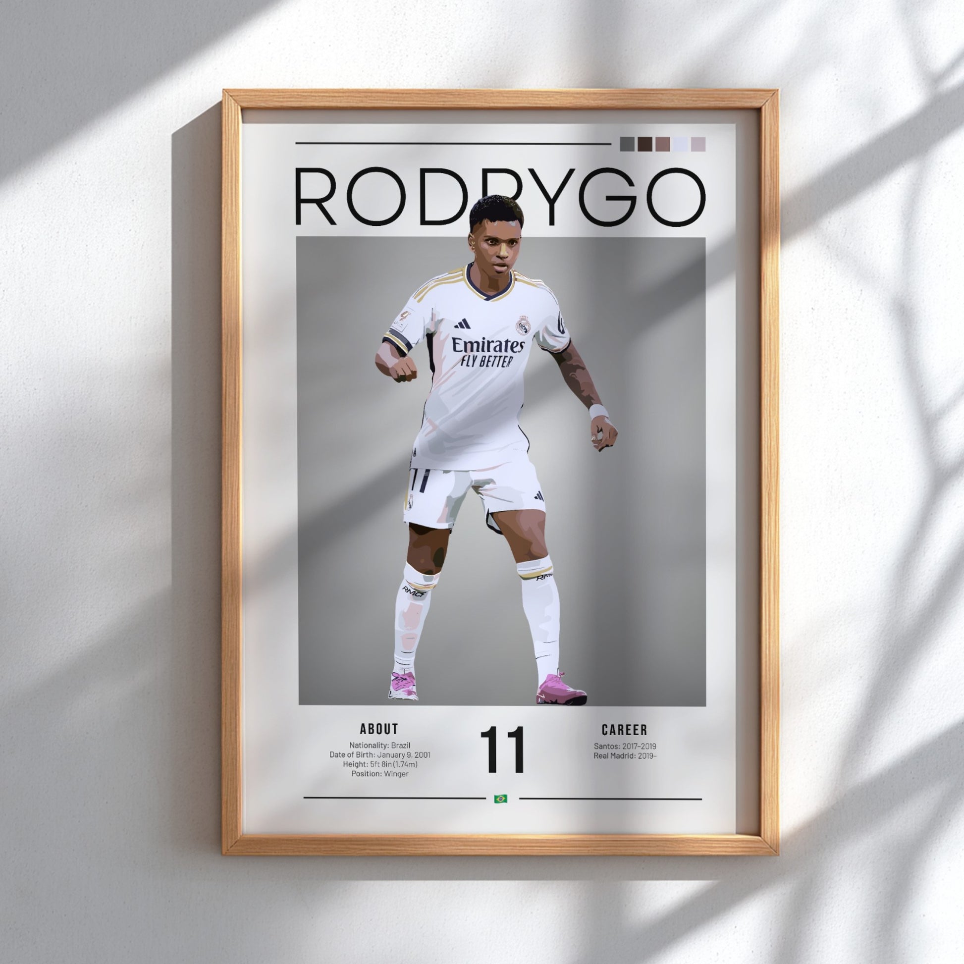 Rodrygo poster in Real Madrid football shirt, dynamic action pose, vibrant colors, sports wall decor
