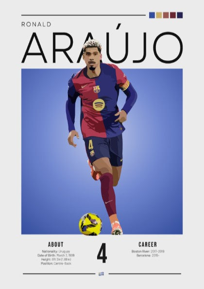 Ronald Araújo art print featuring vibrant colors and dynamic design, perfect for sports wall decor.