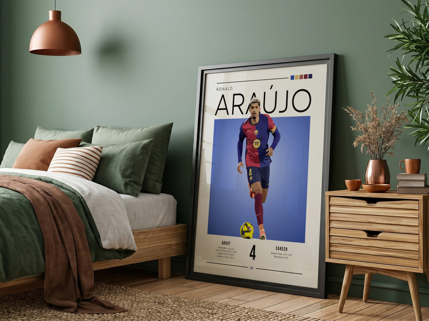 Ronald Araújo art print featuring vibrant colors and dynamic design, perfect for sports wall decor.