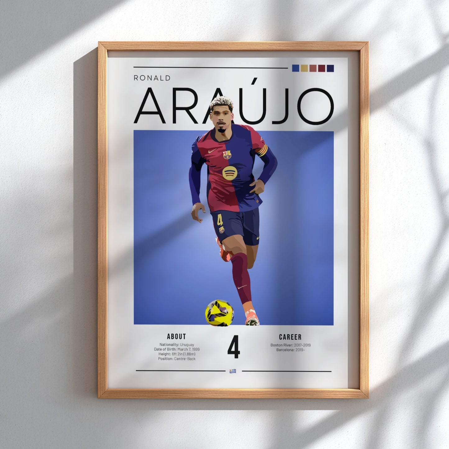 Ronald Araújo art print featuring vibrant colors and dynamic design, perfect for sports wall decor.