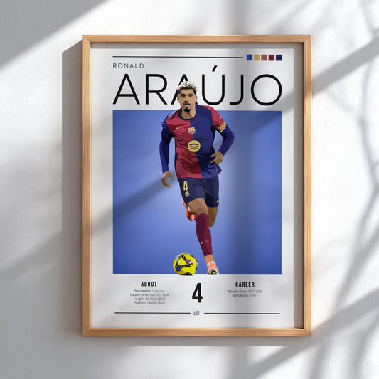 Ronald Araújo art print featuring vibrant colors and dynamic design, perfect for sports wall decor.
