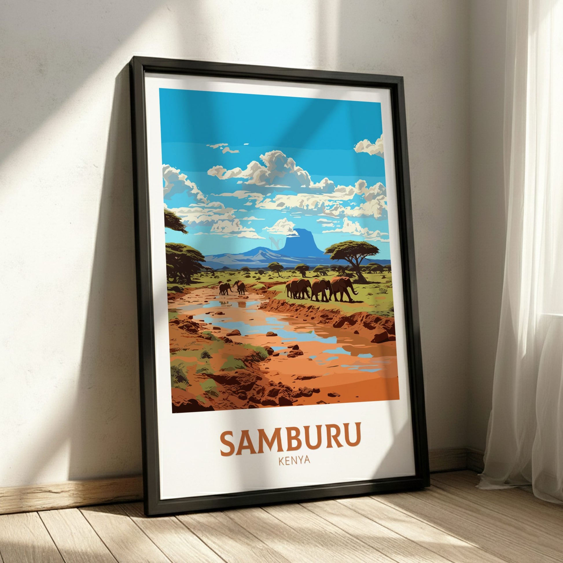 Framed poster of Samburu Kenya with elephants and landscape.