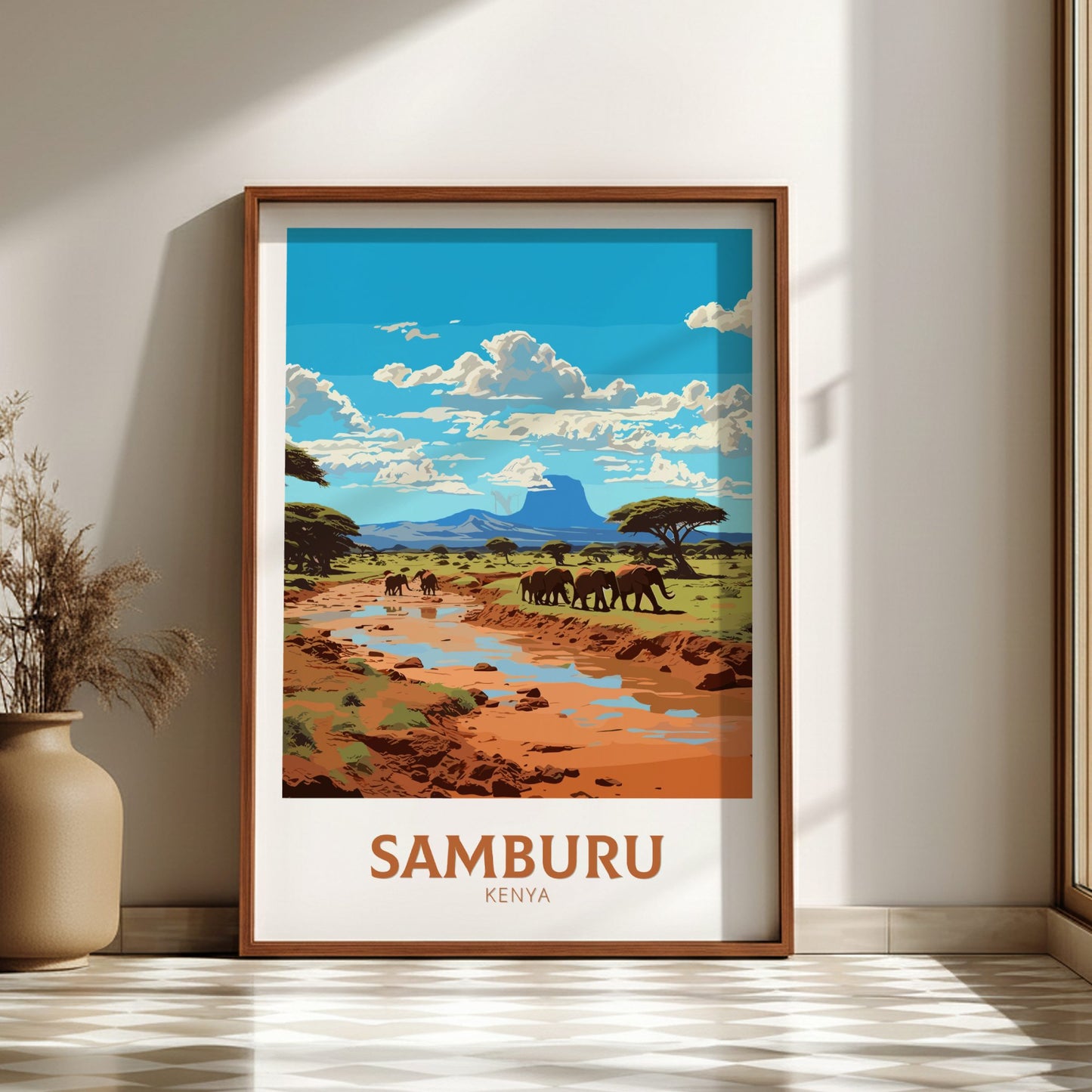 Framed artwork of Samburu, Kenya with elephants and landscape.