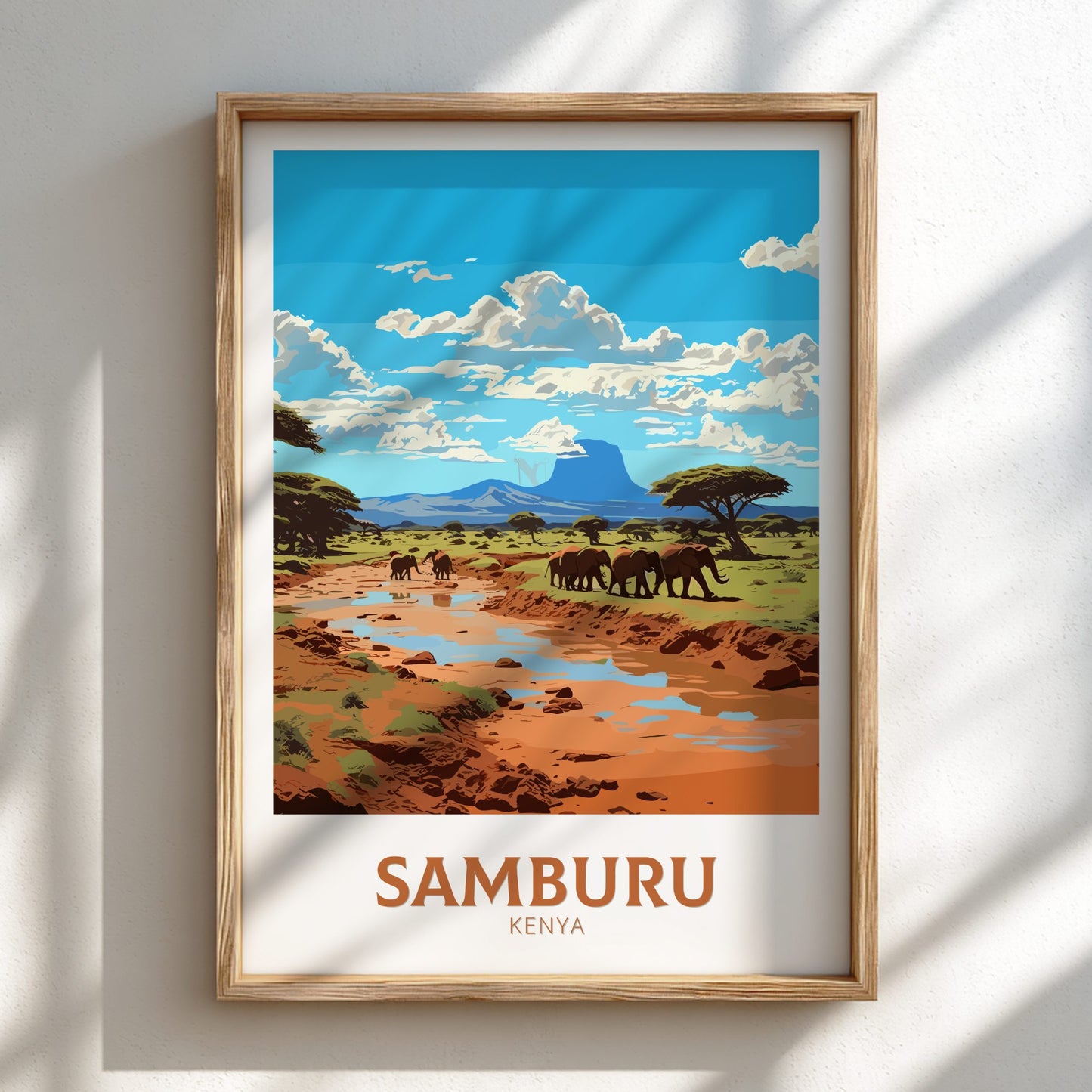 Framed artwork of Samburu Kenya with elephants and landscape.