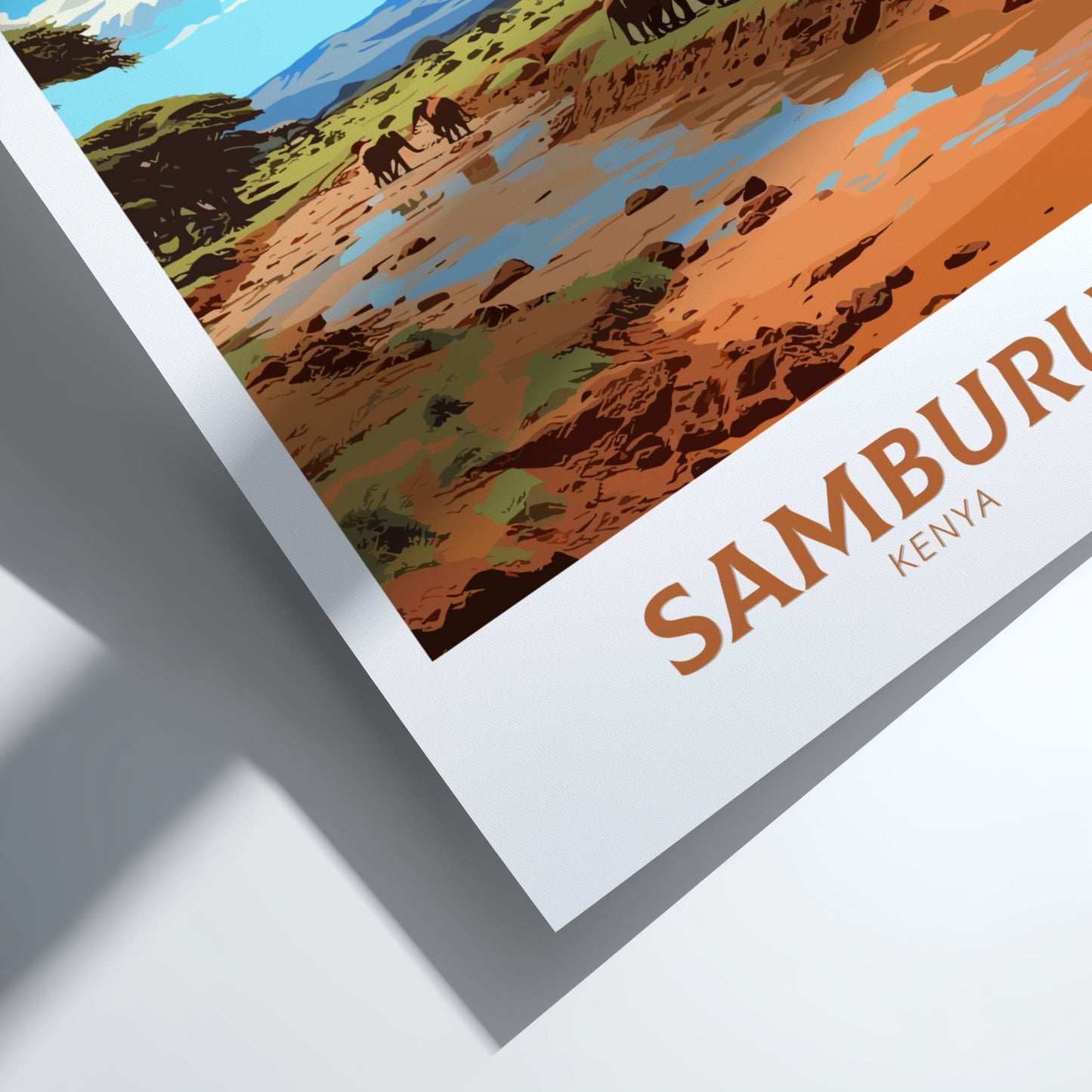 Poster of Samburu Kenya with a scenic landscape and text.