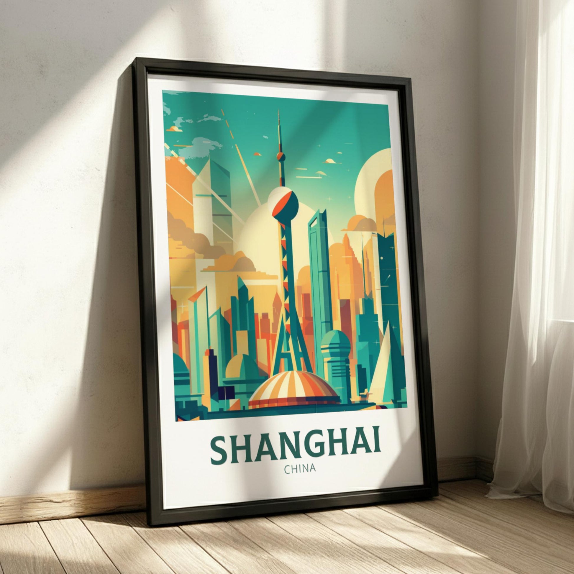 Framed poster of Shanghai skyline on a wall