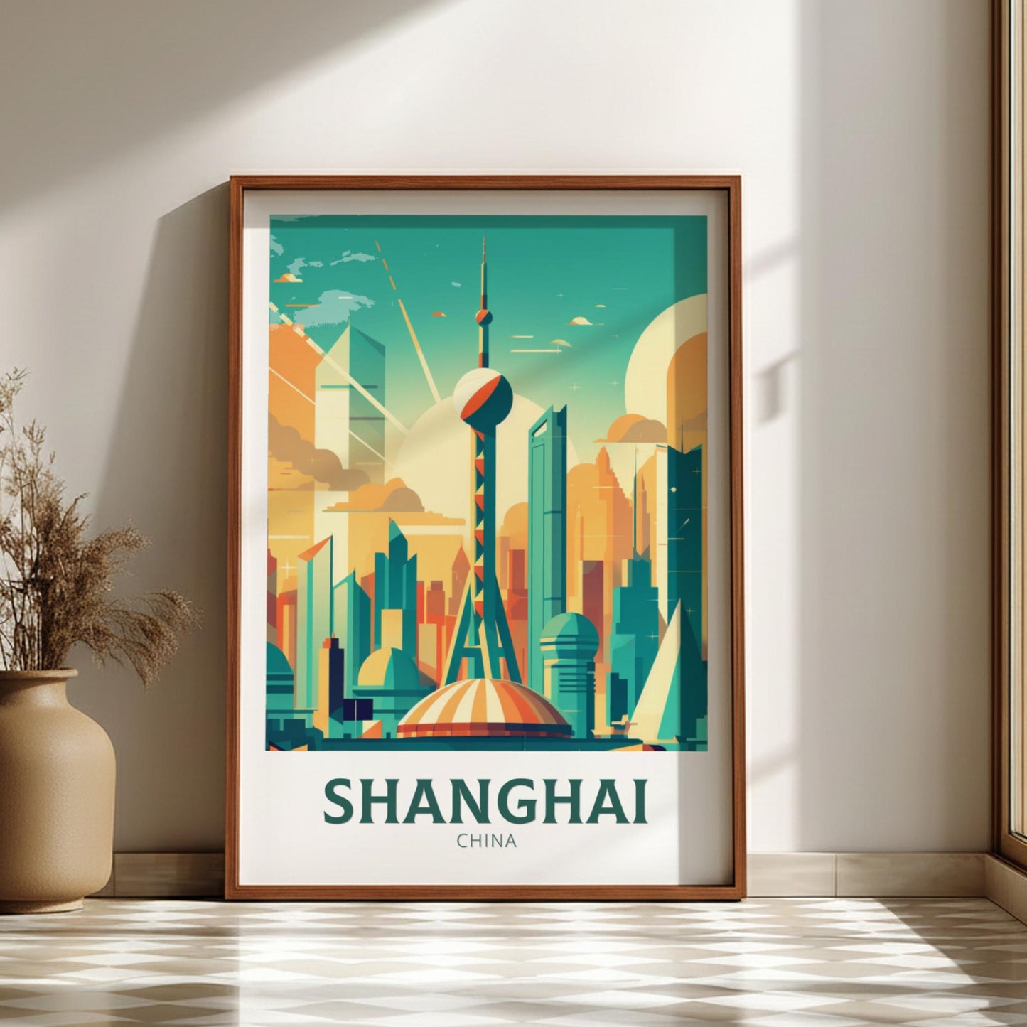 Framed poster of Shanghai skyline on a wall with a vase and plant.