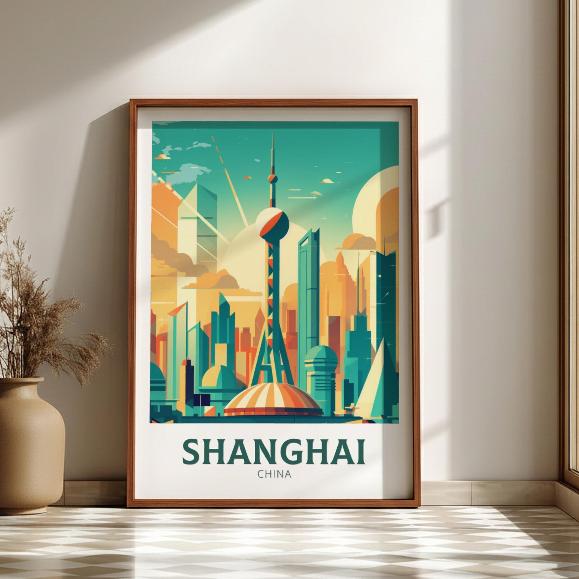Framed poster of Shanghai skyline on a wall with a vase and plant.
