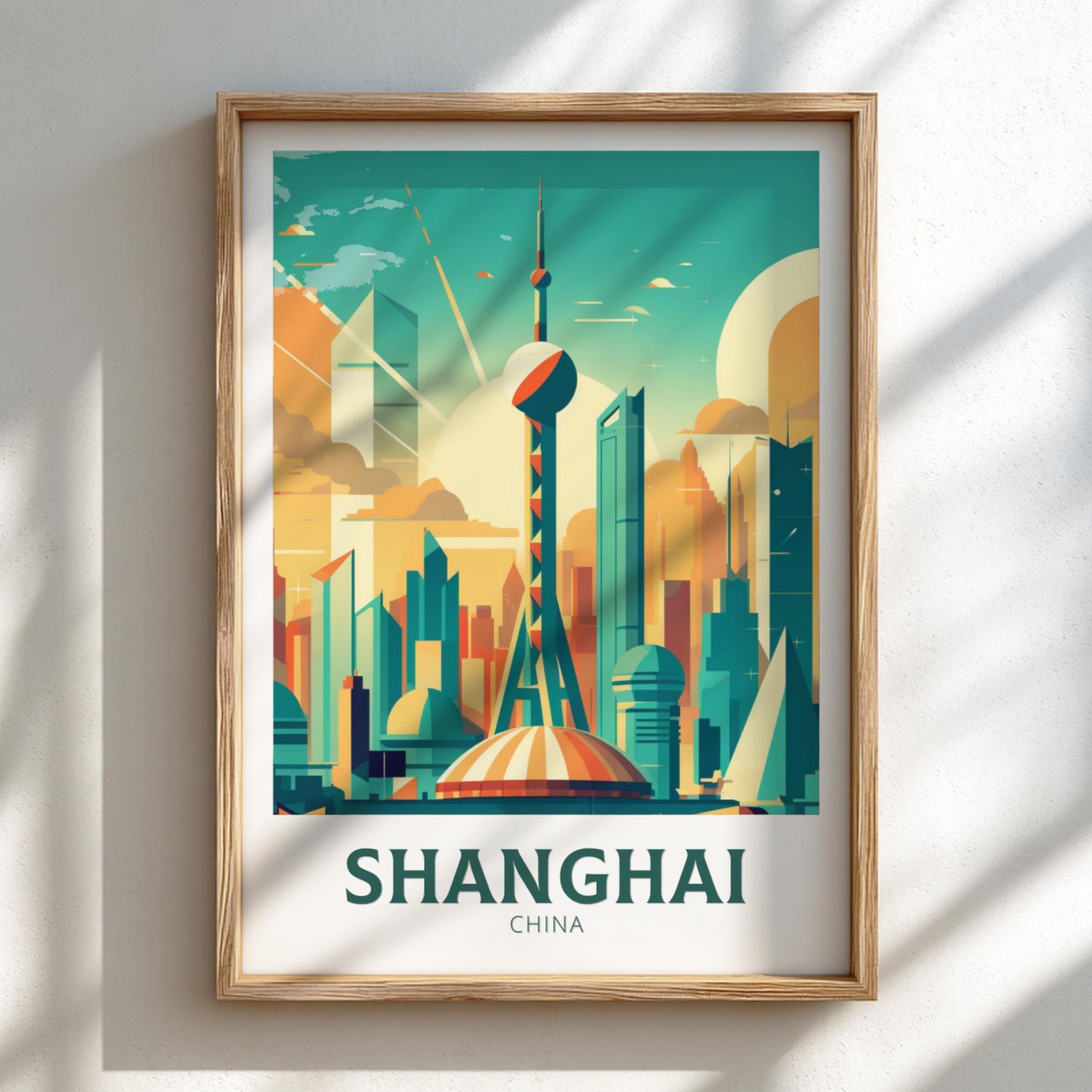 Framed poster of Shanghai skyline with colorful buildings on a light background