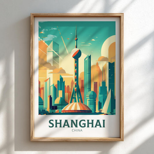 Framed poster of Shanghai skyline with colorful buildings on a light background