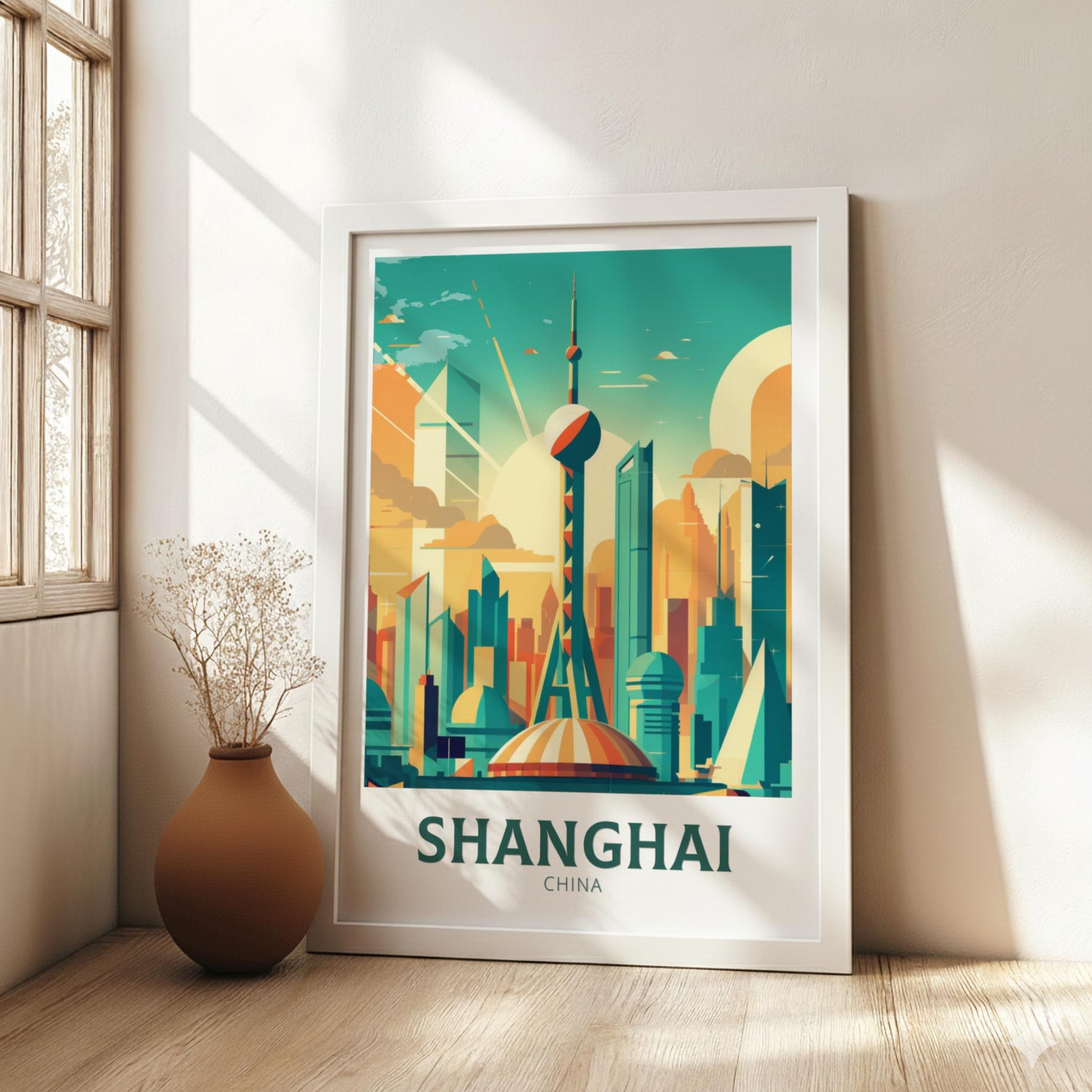 Framed poster of Shanghai skyline in a room with a vase on the floor.