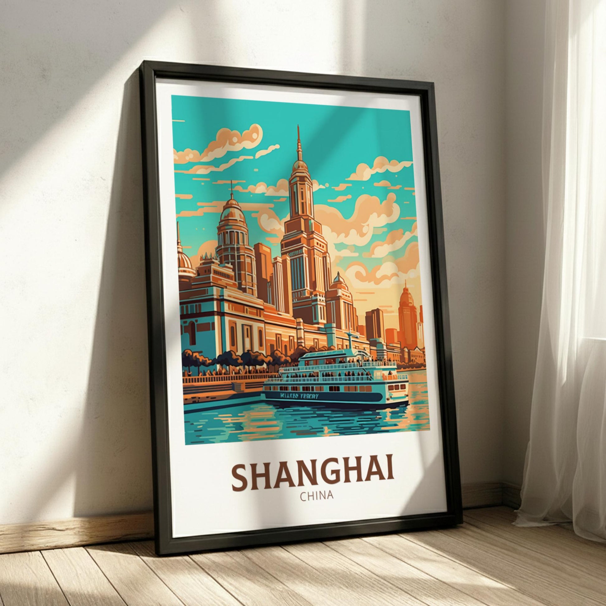 Framed poster of Shanghai with a cityscape design on a light background