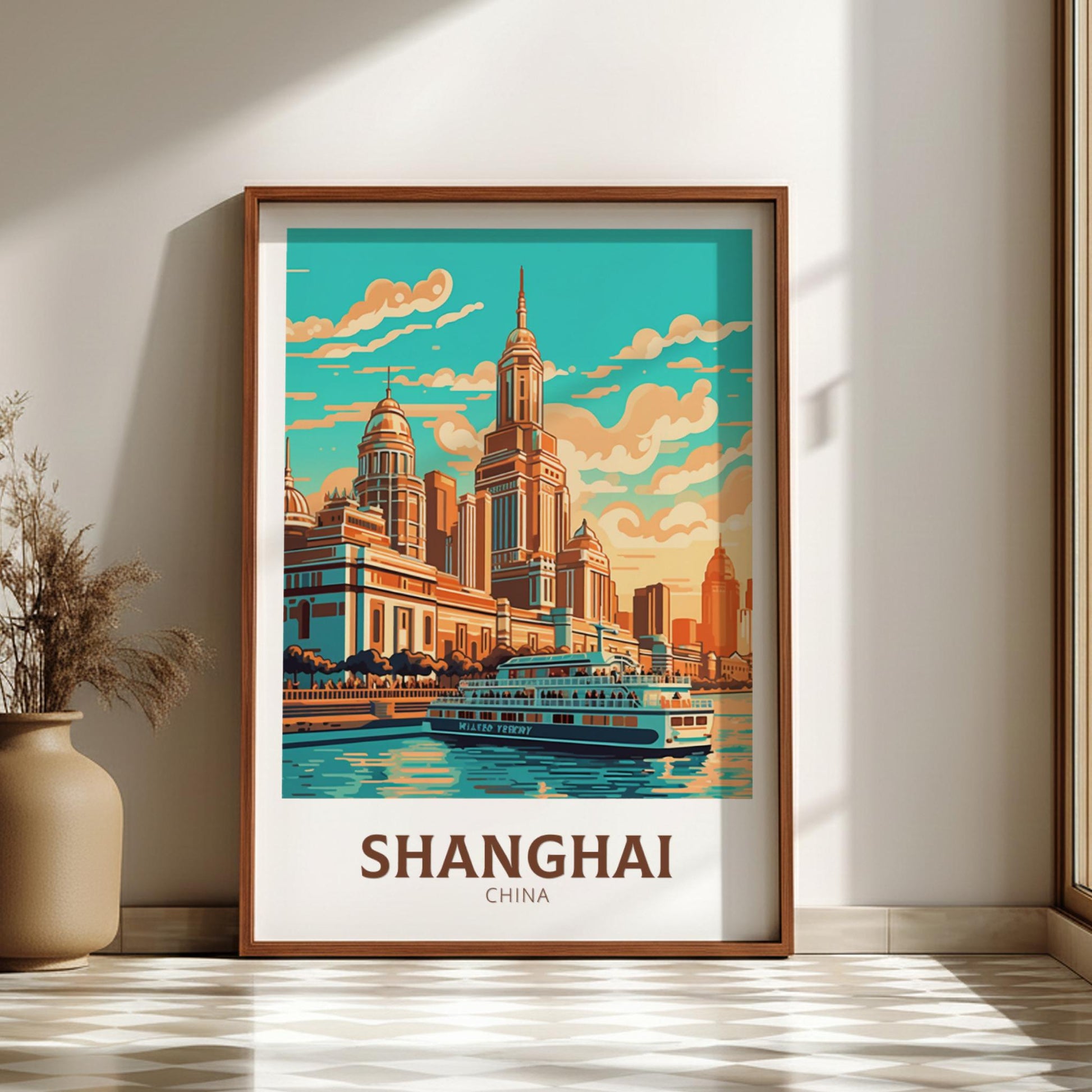 Framed poster of Shanghai, China with a cityscape and river scene.