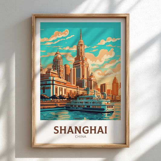 Framed poster of Shanghai with a cityscape and ferry on water.