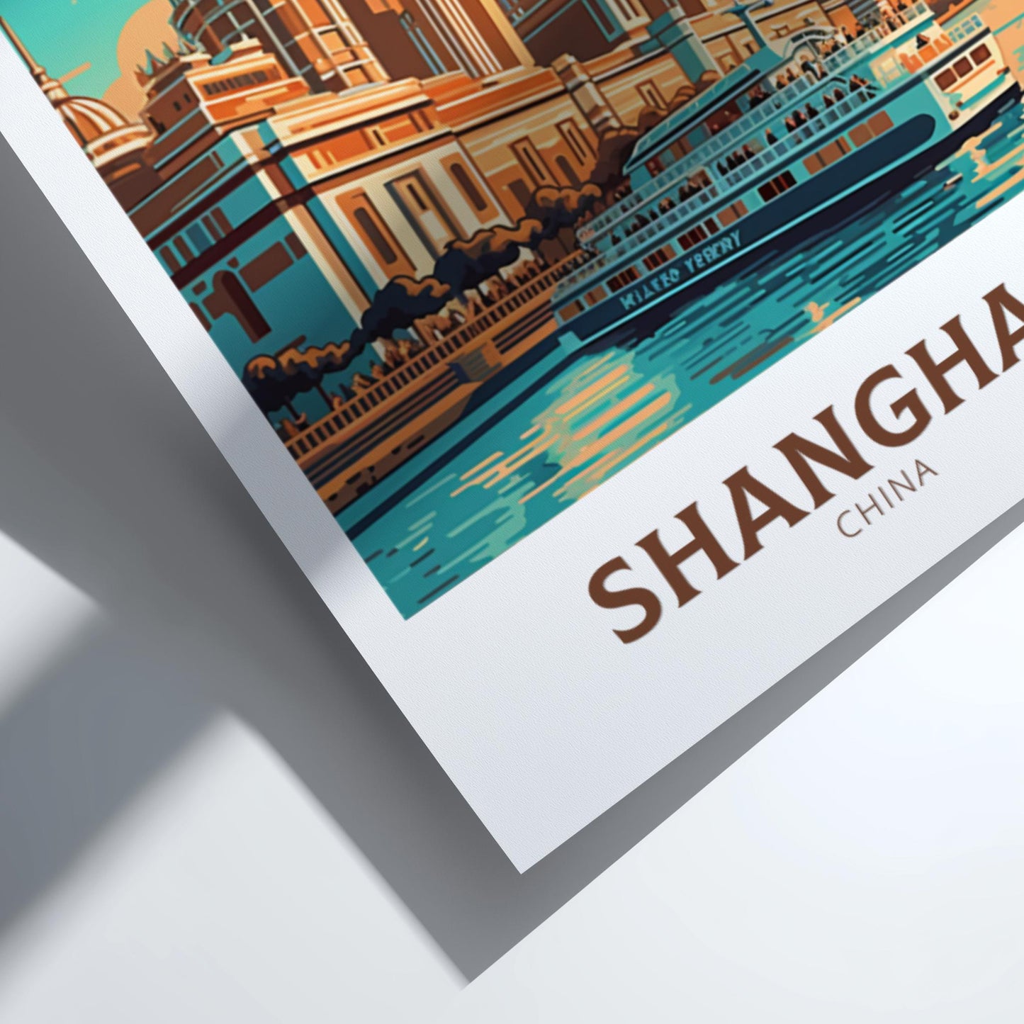 Poster of Shanghai with a river scene and 'Shanghai China' text.