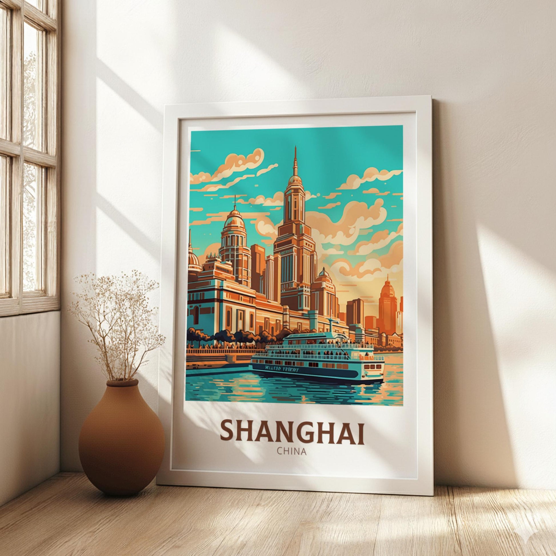 Framed poster of Shanghai with a cityscape design on a wall.