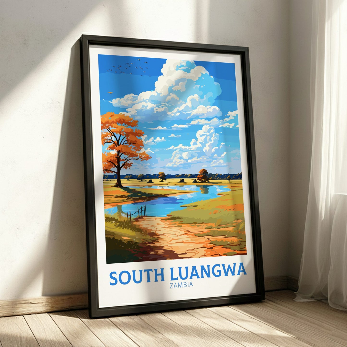 Framed artwork of South Luangwa, Zambia with a scenic landscape.