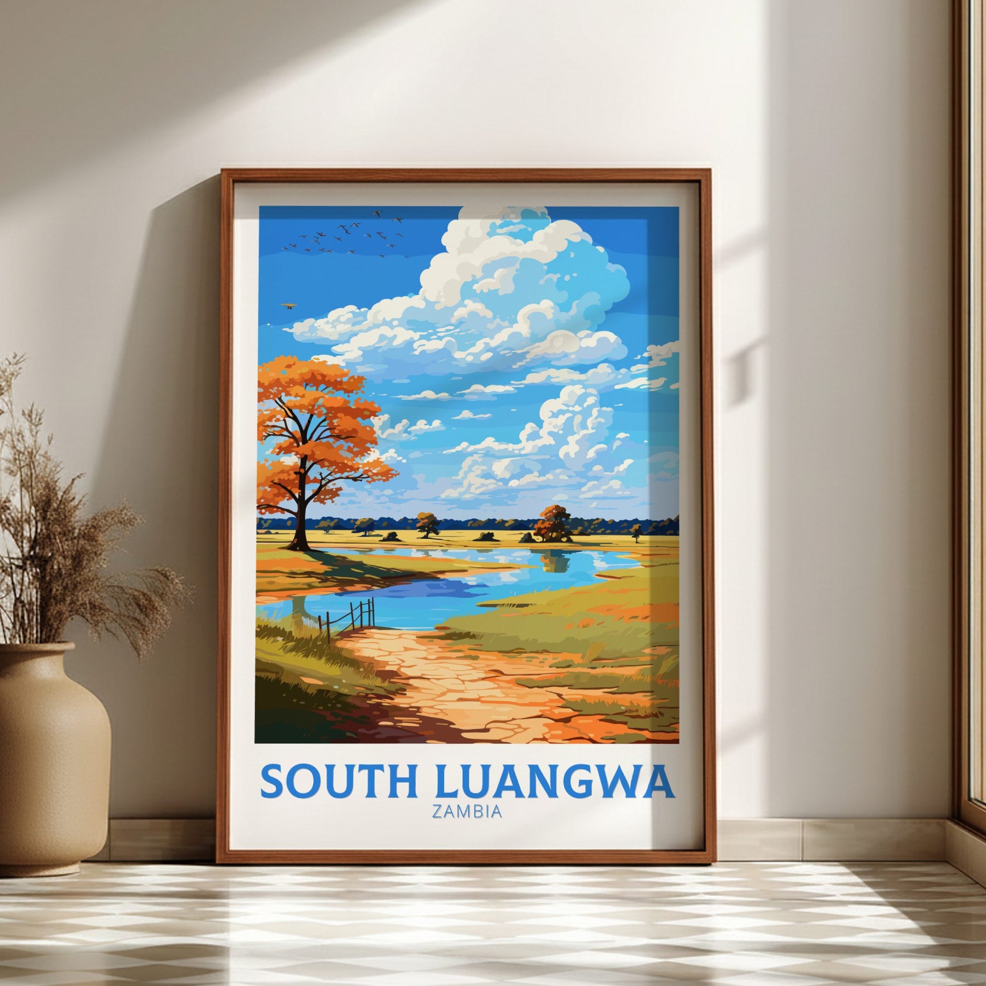 Framed artwork of South Luangwa, Zambia with a scenic landscape.