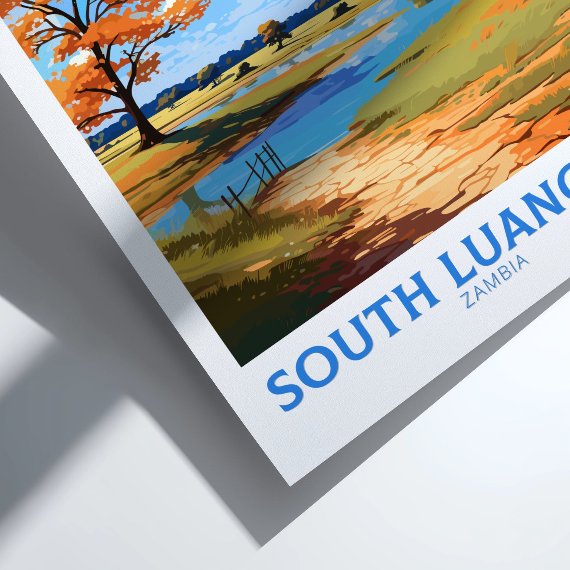 Poster of a scenic landscape with 'South Luangwa, Zambia' text.
