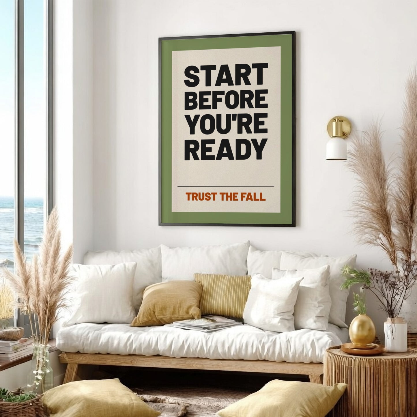 Motivational poster featuring bold typography on a green background, ideal for home decor and inspiration.