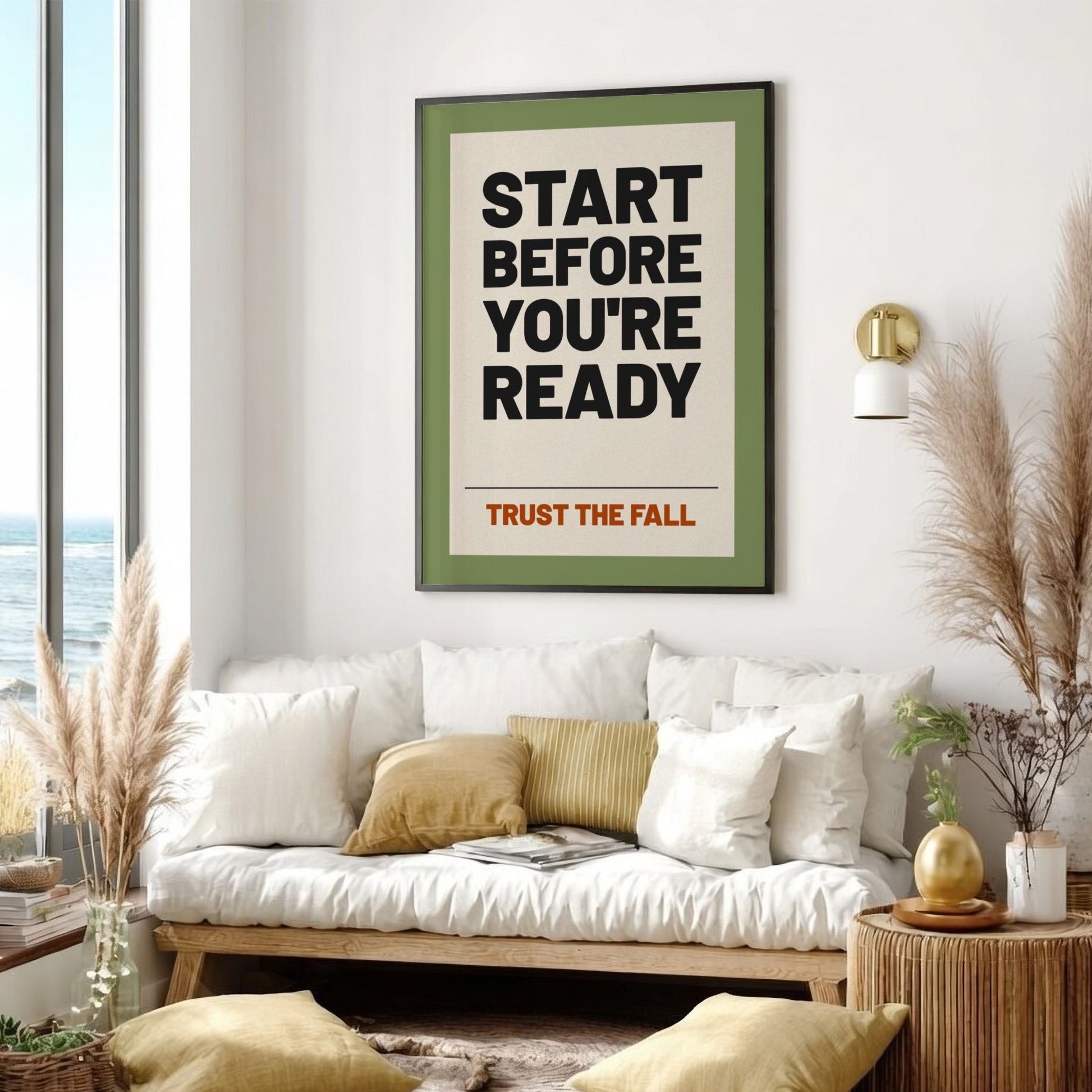 Motivational poster featuring bold typography on a green background, ideal for home decor and inspiration.
