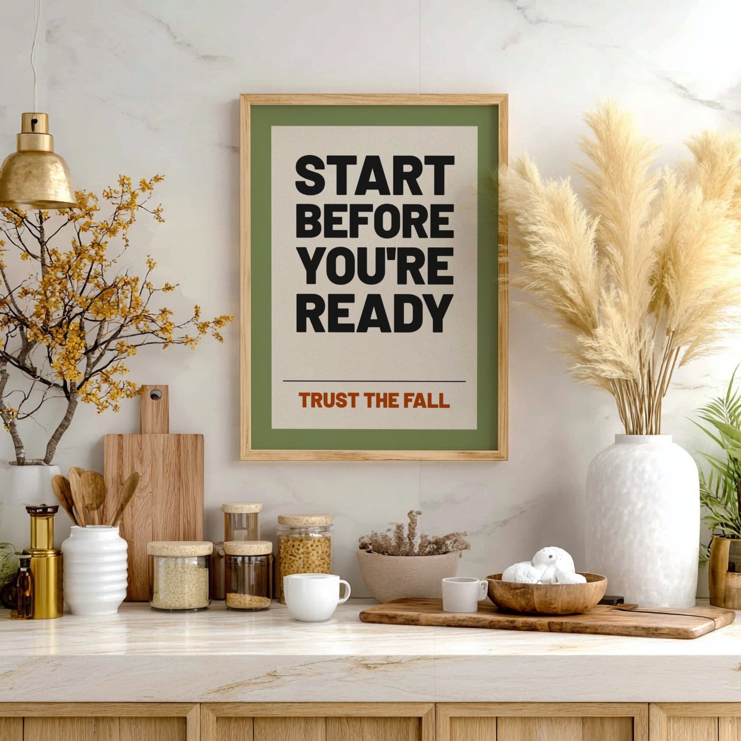Motivational poster featuring bold typography on a green background, ideal for home decor and inspiration.