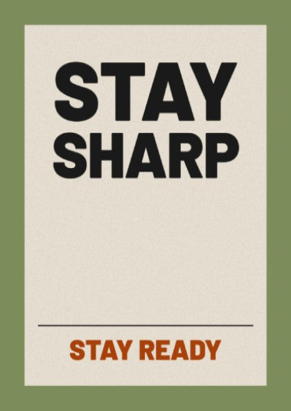 Stay Sharp motivational quotes poster featuring bold typography and earthy tones, ideal for home decor and