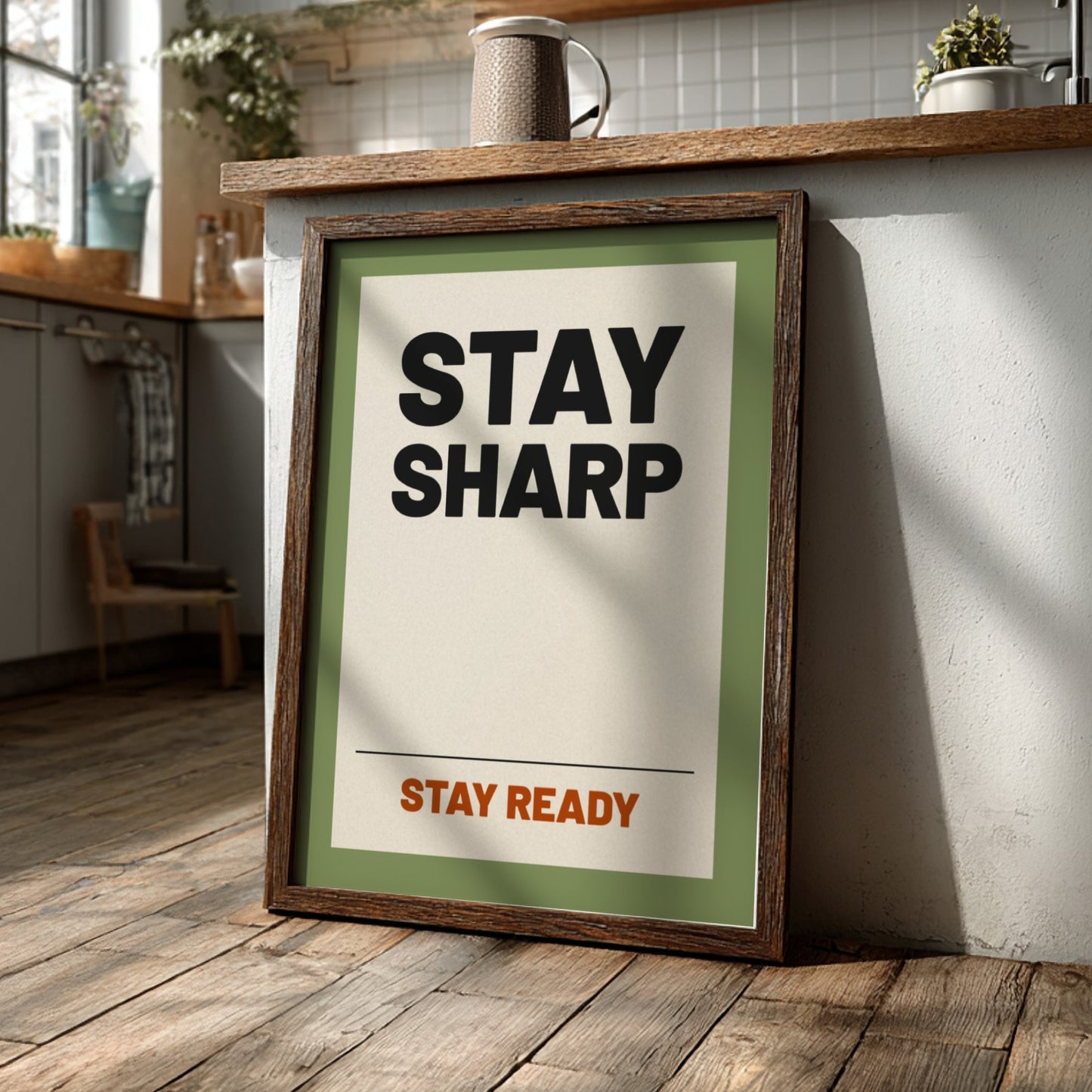 Stay Sharp motivational quotes poster featuring bold typography and earthy tones, ideal for home decor and
