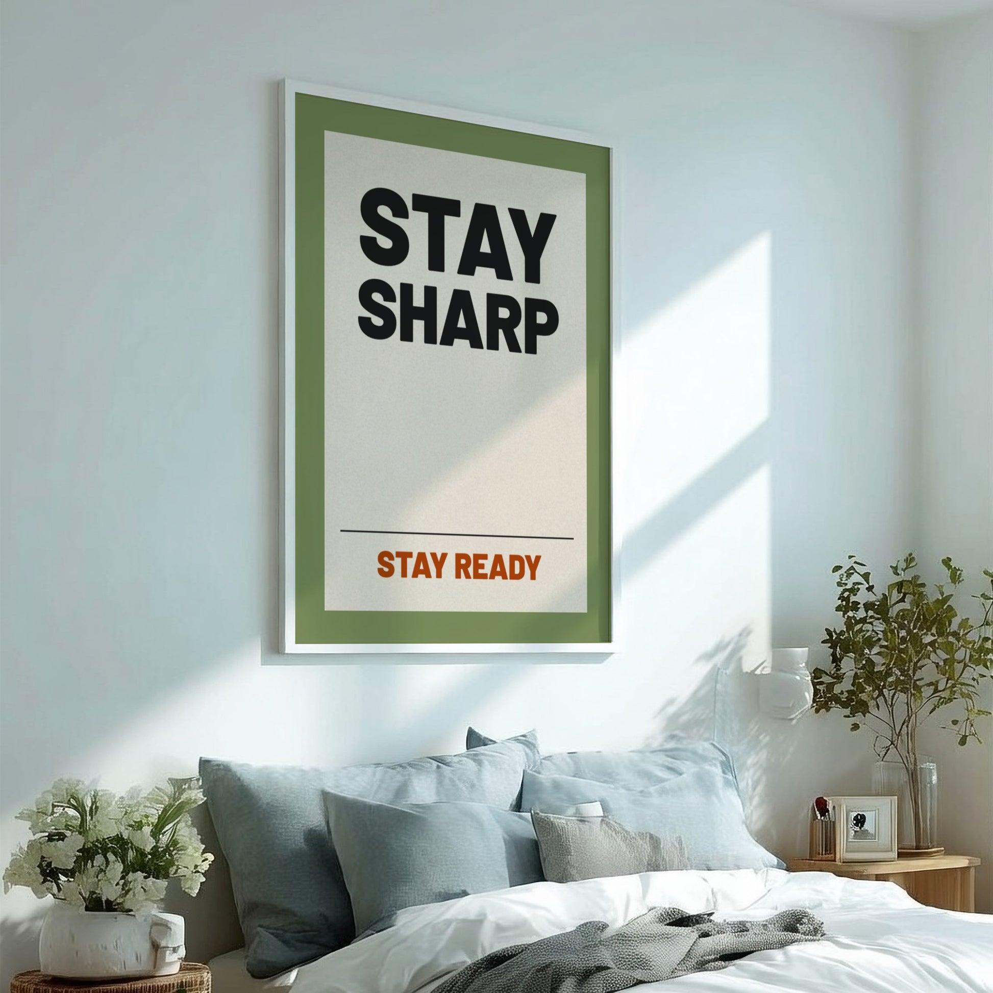 Stay Sharp motivational quotes poster featuring bold typography and earthy tones, ideal for home decor and