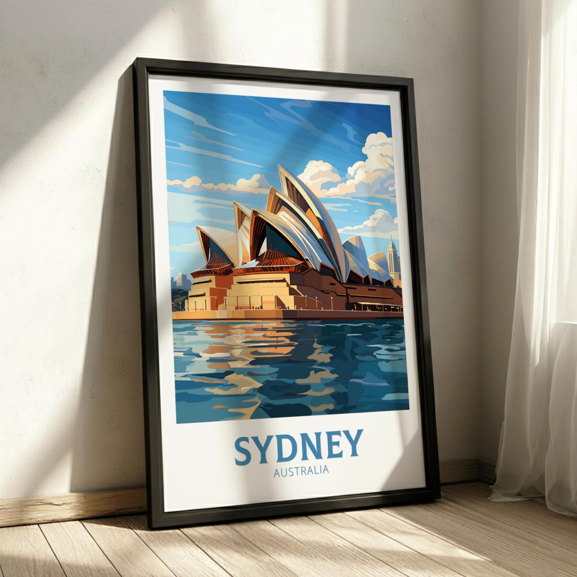 Framed poster of the Sydney Opera House on a wall.