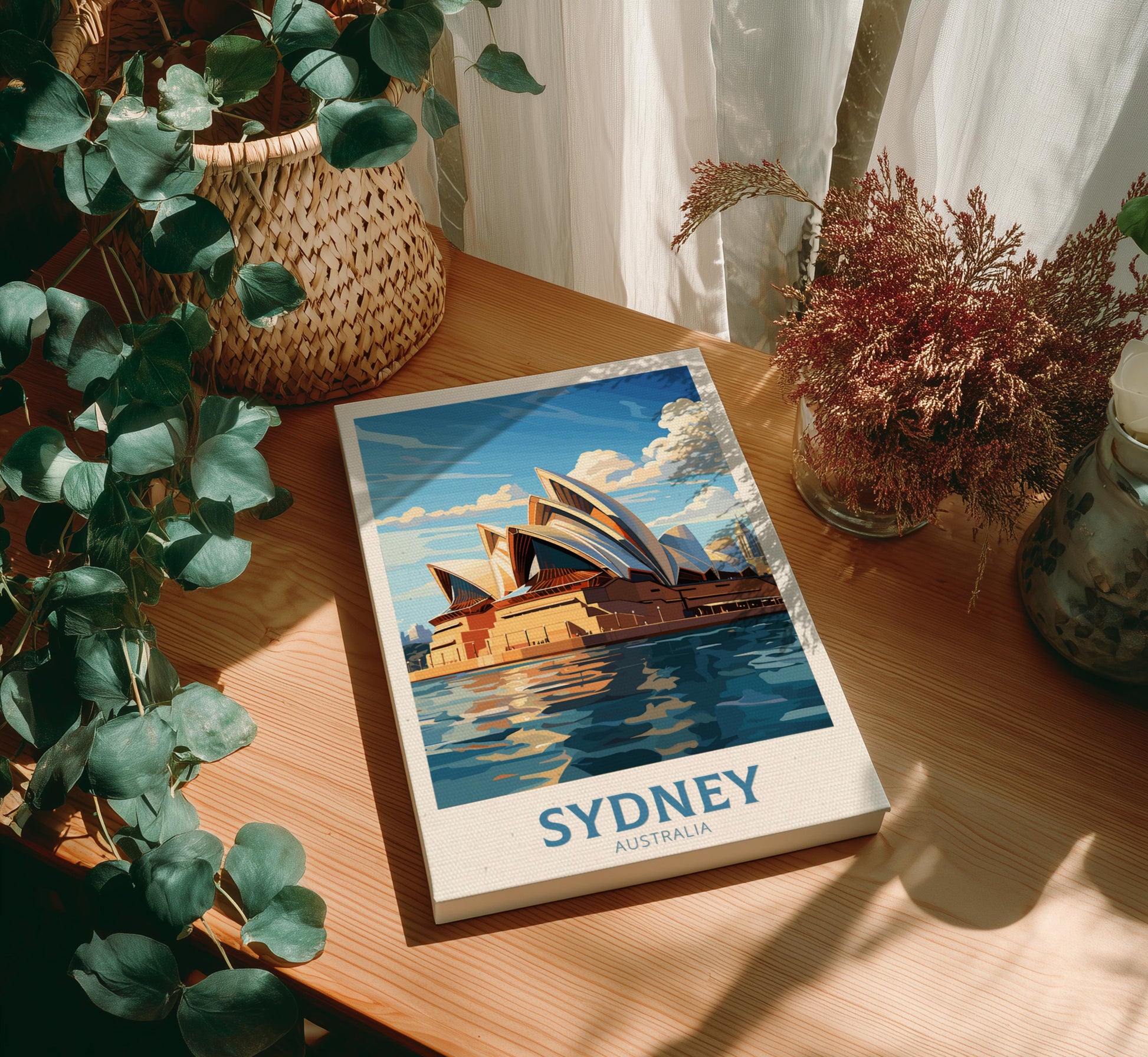 Canvas with Sydney Harbour and Opera House illustration on a wooden table with plants
