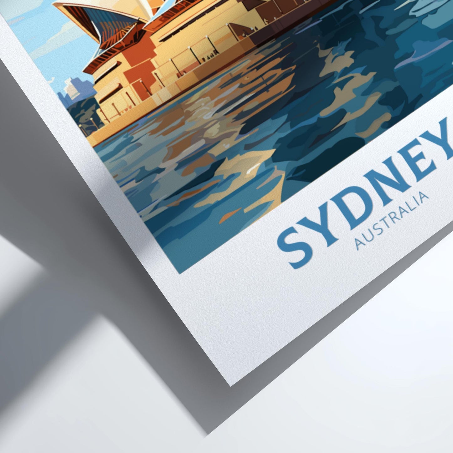 Framed artwork of a Sydney Australia scene with a boat and cityscape.