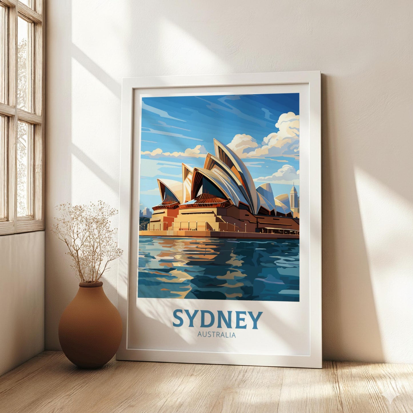 Framed poster of the Sydney Opera House in a room with a vase and plant.