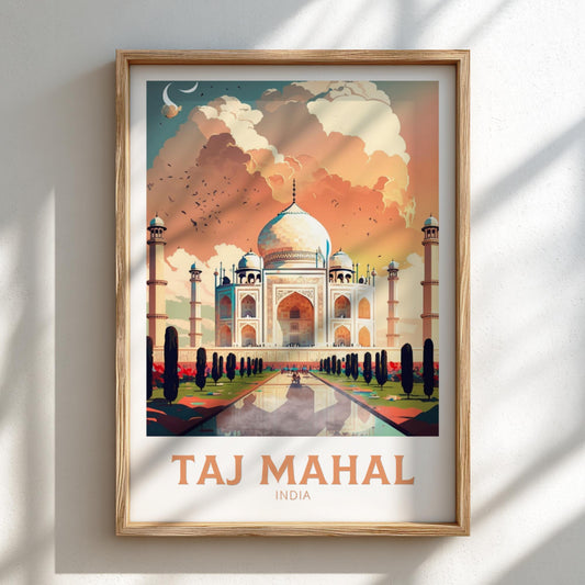 Framed poster of the Taj Mahal with a wooden frame on a light background