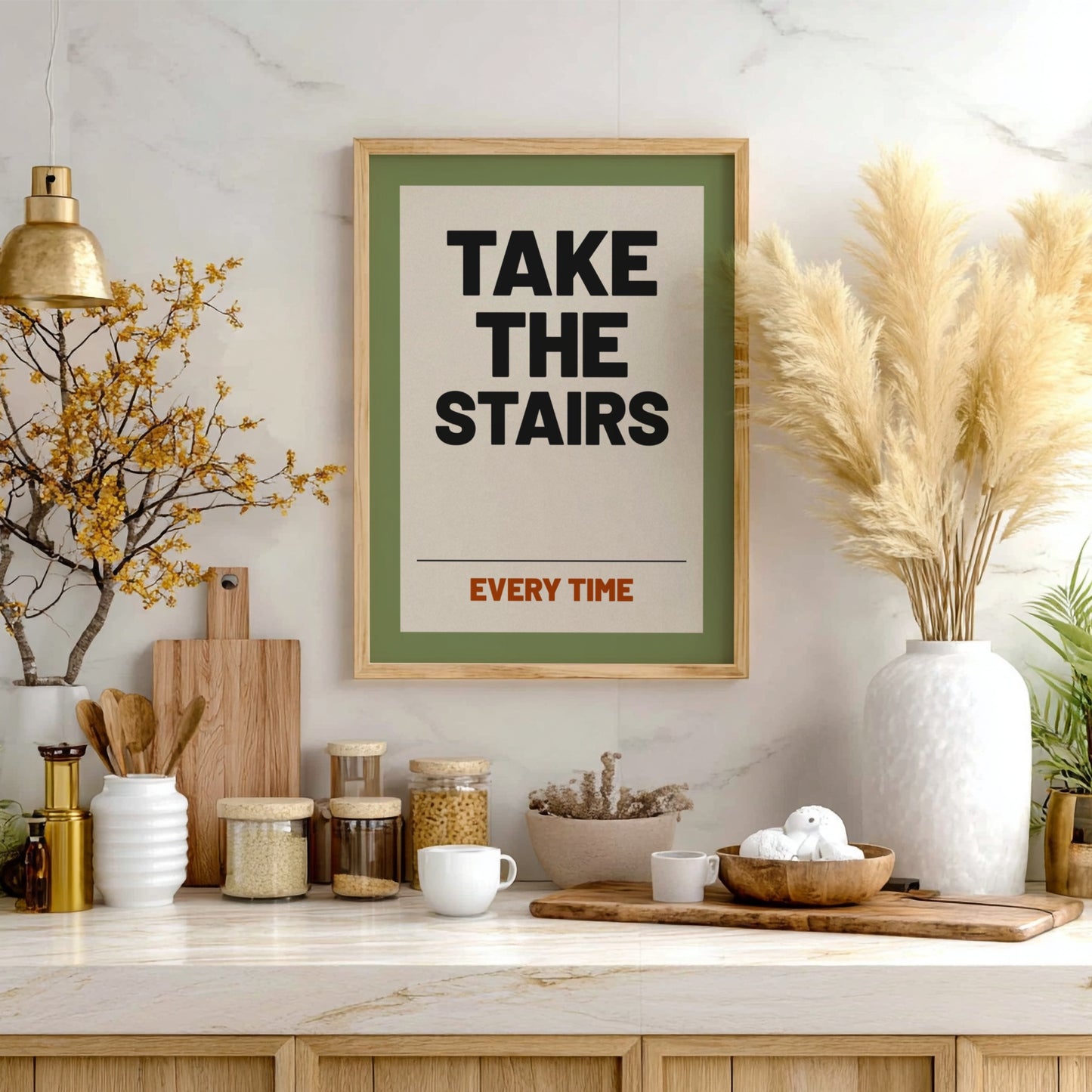 Motivational quotes poster featuring 'Take the Stairs' in bold typography on a green background, ideal for