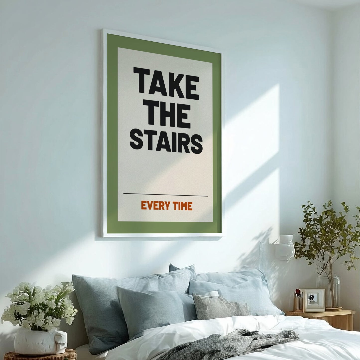 Motivational quotes poster featuring 'Take the Stairs' in bold typography on a green background, ideal for