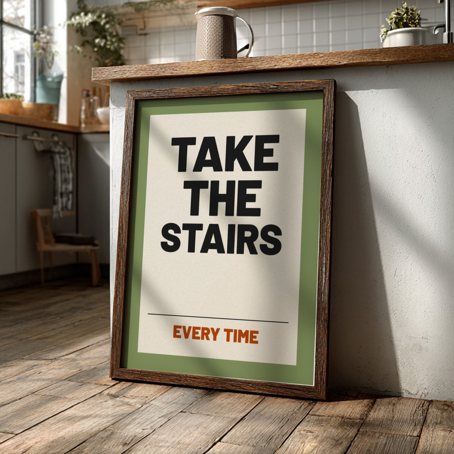 Motivational quotes poster featuring 'Take the Stairs' in bold typography on a green background, ideal for