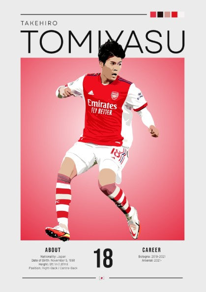 Takehiro Tomiyasu poster featuring vibrant colors and dynamic football action, perfect for sports enthusiasts