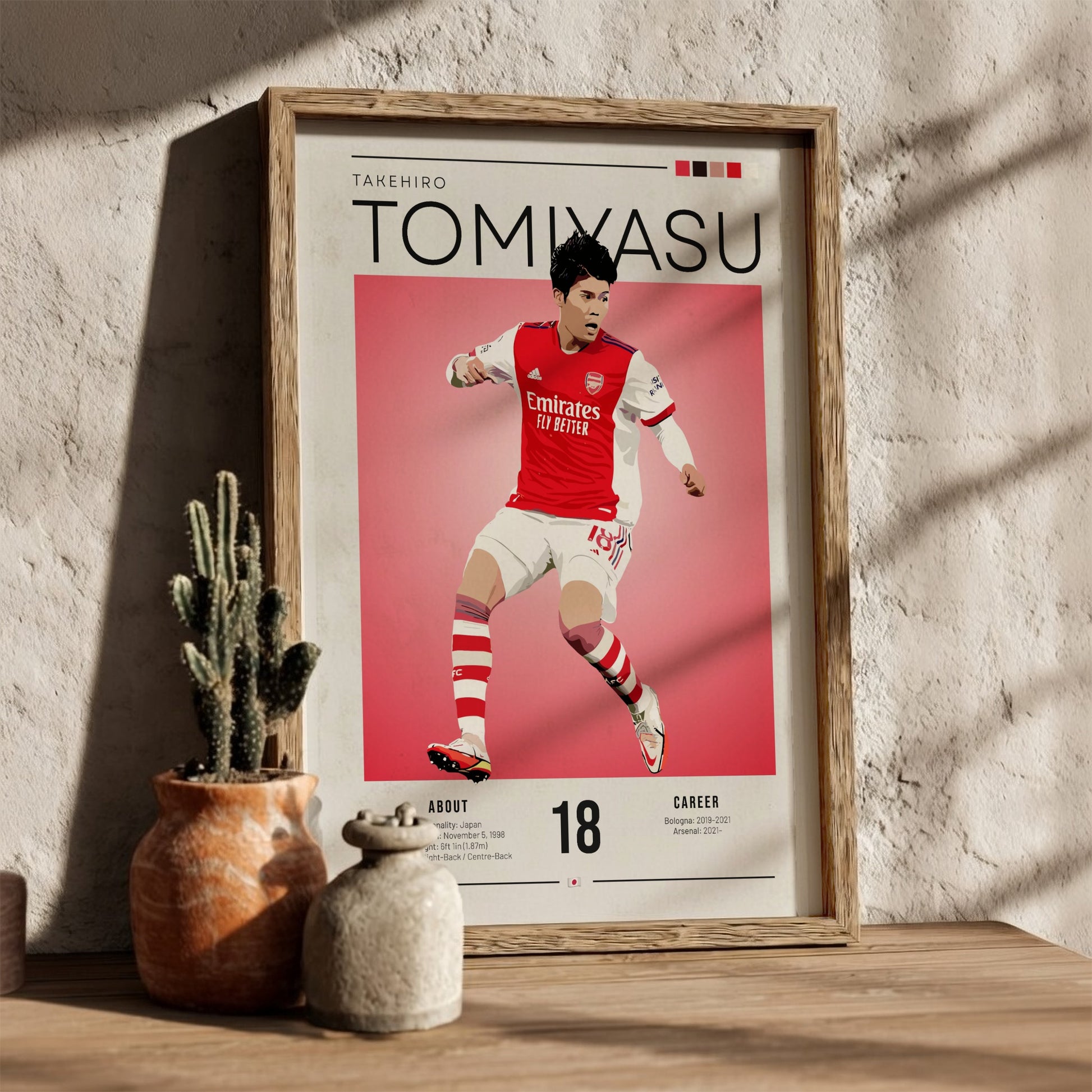 Takehiro Tomiyasu poster featuring vibrant colors and dynamic football action, perfect for sports enthusiasts
