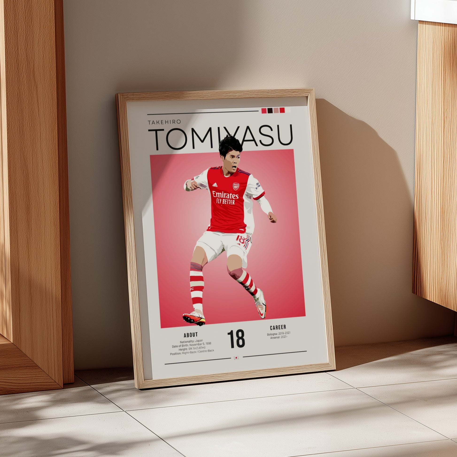 Takehiro Tomiyasu poster featuring vibrant colors and dynamic football action, perfect for sports enthusiasts
