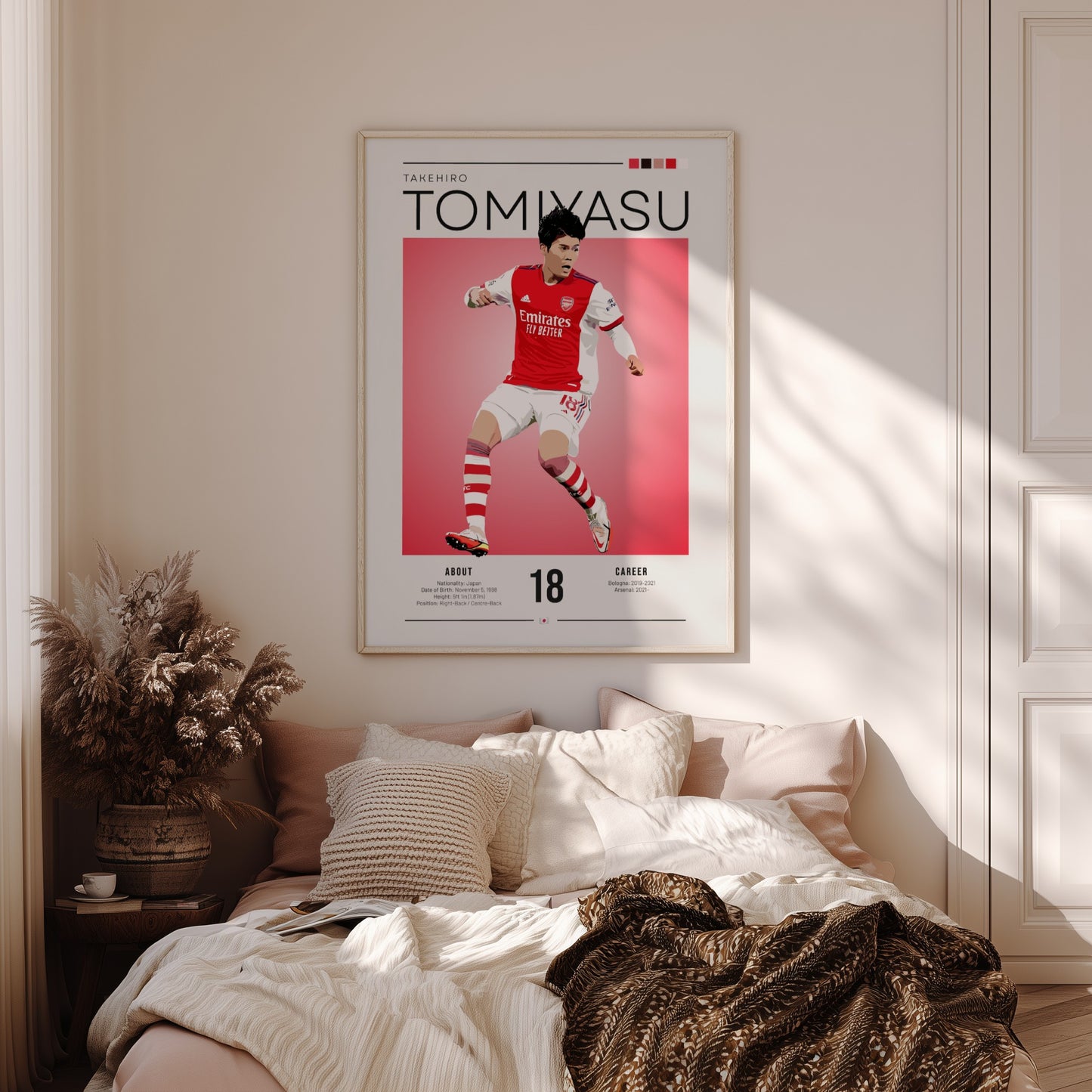 Takehiro Tomiyasu poster featuring vibrant colors and dynamic football action, perfect for sports enthusiasts