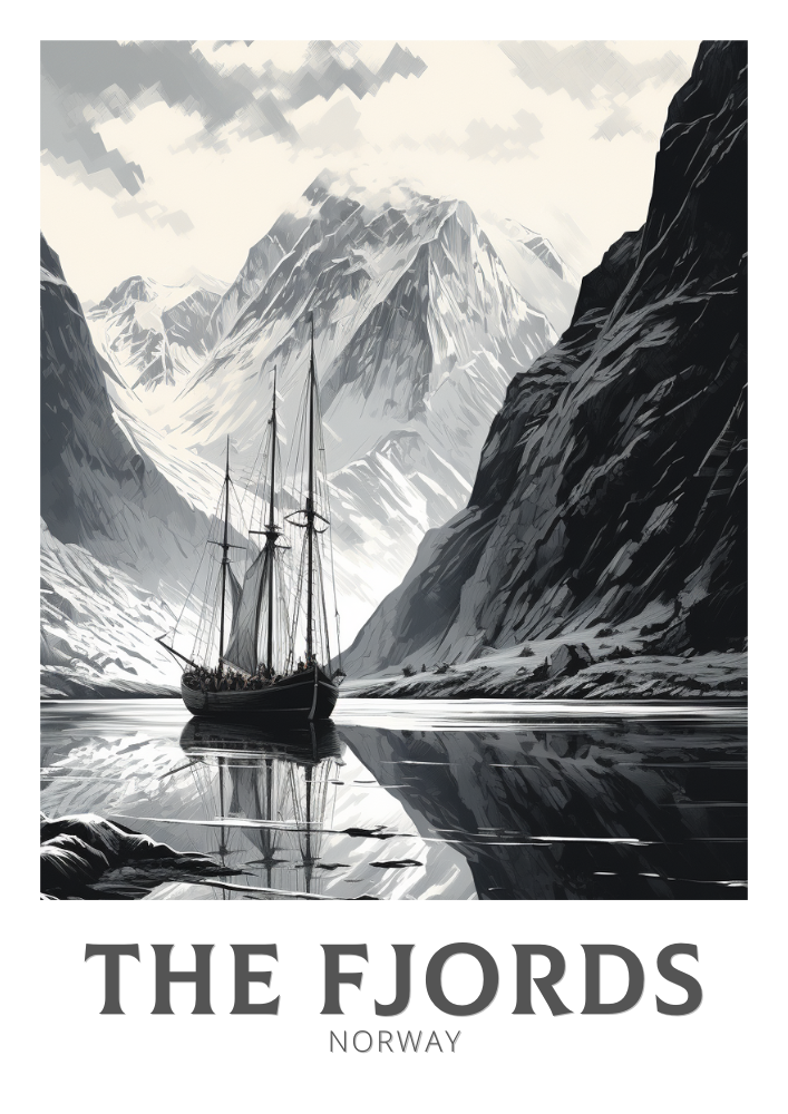 Affiche en noir et blanc Les Fjords