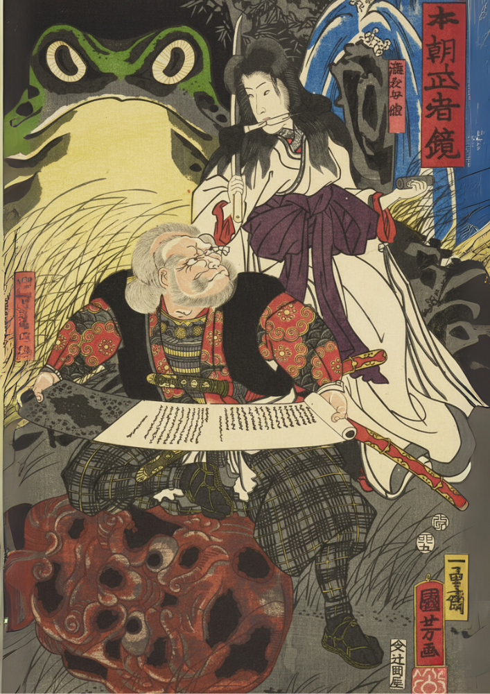 Traditional Japanese artwork featuring two characters with a large frog-like creature in the background.