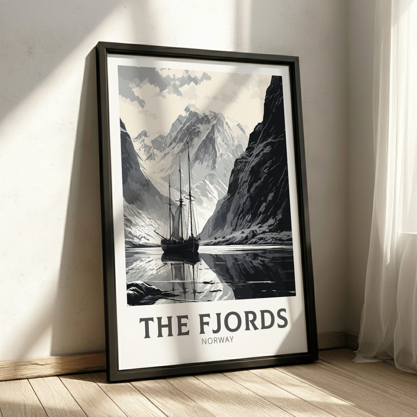 Framed poster of 'The Fjords, Norway' with a sailboat in a mountainous landscape.