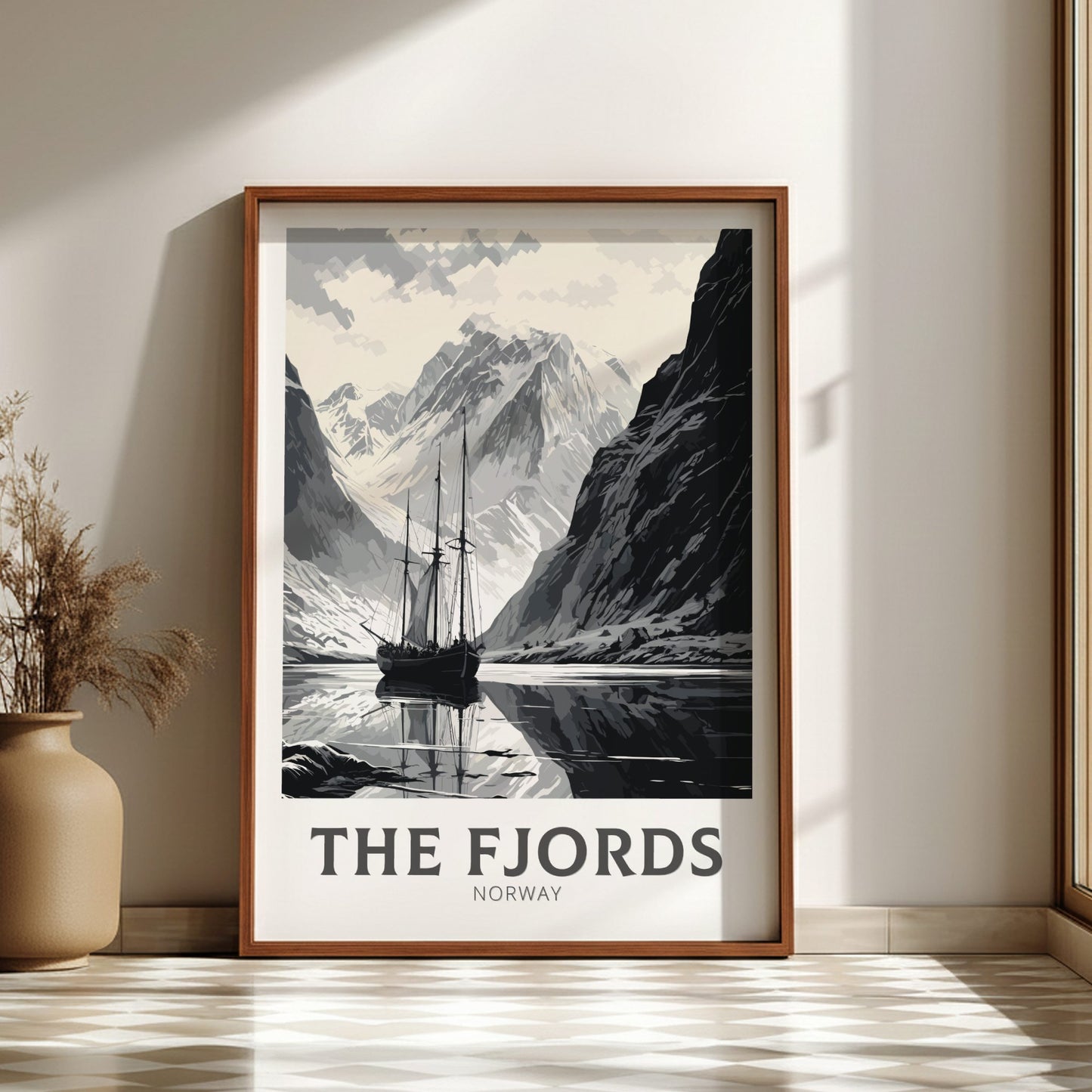 Framed poster of 'The Fjords, Norway' with a mountain and fjord scene.