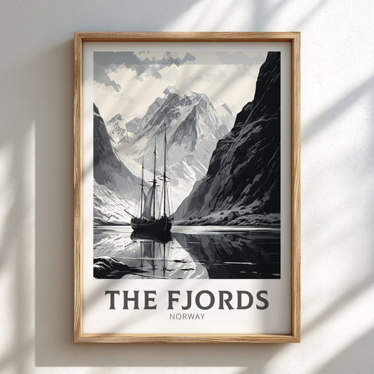 Framed artwork of a fjord scene with a ship, titled 'The Fjords Norway'.