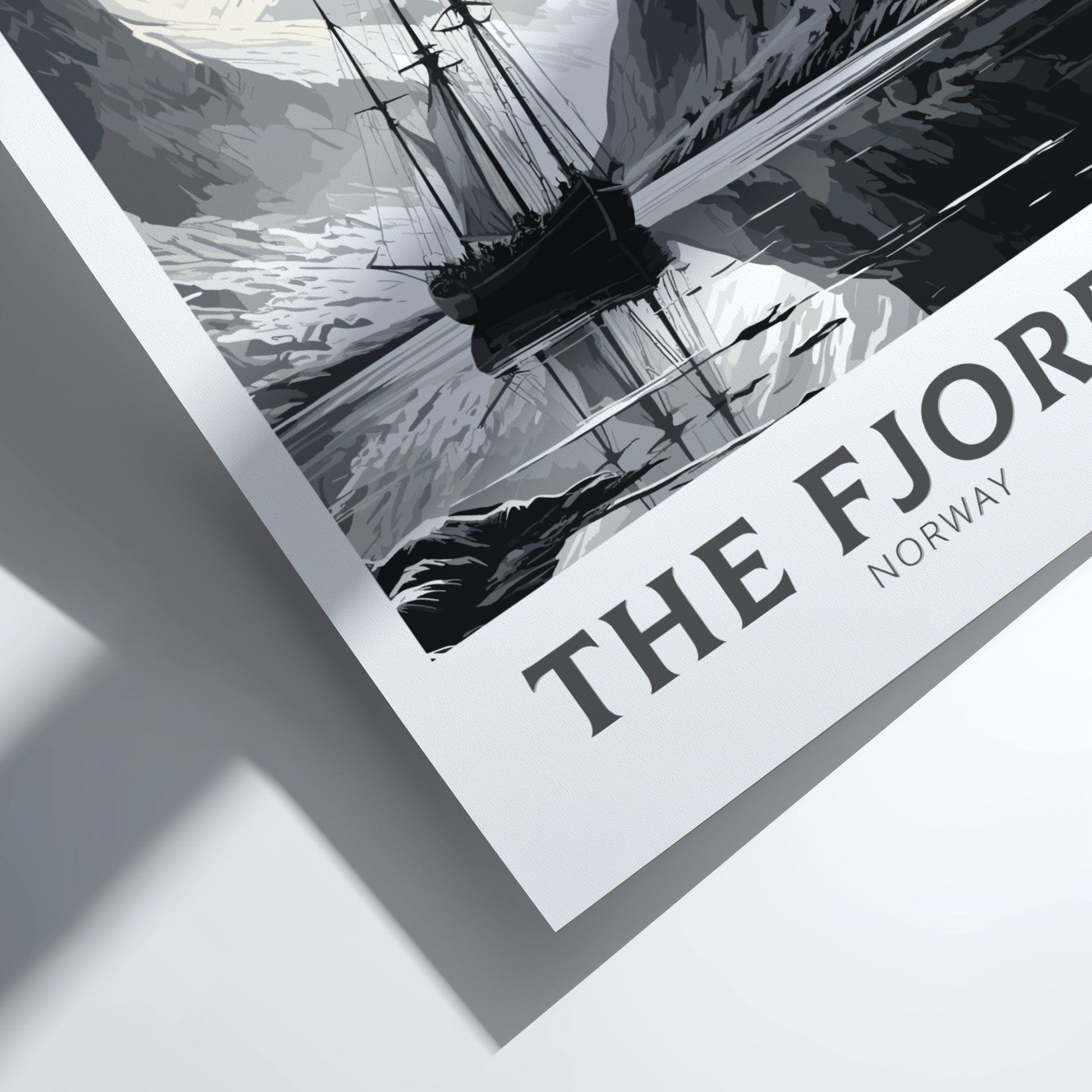 Framed artwork of a ship in a fjord with 'The Fjords Norway' text.
