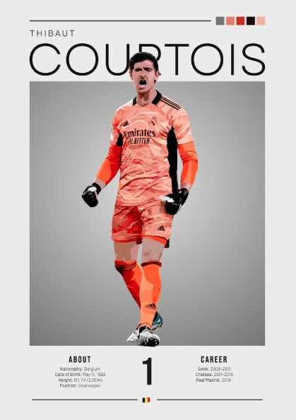 Thibaut Courtois poster featuring Real Madrid goalkeeper in vibrant colors, dynamic style for home decor.