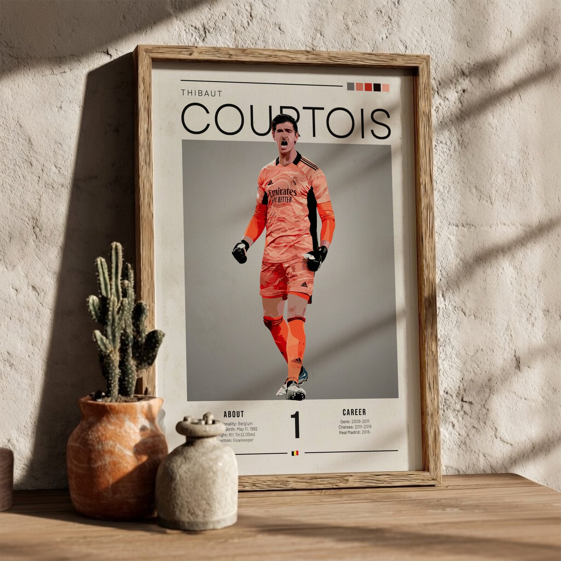 Thibaut Courtois poster featuring Real Madrid goalkeeper in vibrant colors, dynamic style for home decor.